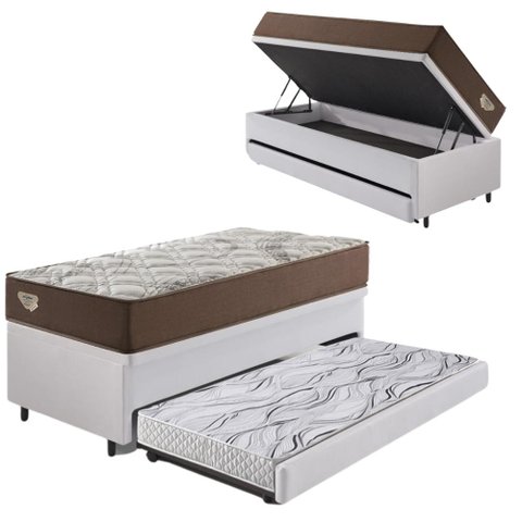 Bicama Box Baú com Courino Linho Branco 96x203 com Colchão Relax Adorabile Molas Ensacadas Ecoflex
