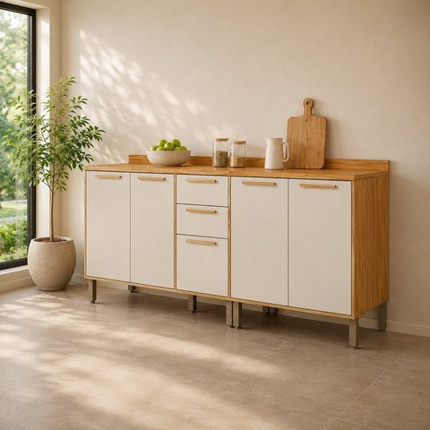 Balcões de Cozinha 5 Portas 2 Gavetas MDF com Tampos 200cm Malta Espresso Móveis Amêndoa/Off-White