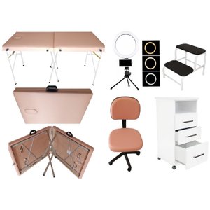 Kit Estética Maca Maleta Portátil Rose Gold Mocho Armário Escada Luminária Ring Fiscomed Kit Maca Ma