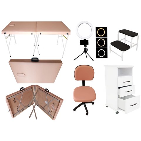 Kit Estética Maca Maleta Portátil Rose Gold Mocho Armário Escada Luminária Ring Fiscomed Kit Maca Ma