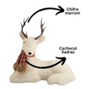 Ver imagem 3 de Rena Decorativa Natalina em Pelúcia Creme Deitada com Cachecol Xadrez Vermelho e Marrom 24x27cm