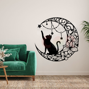 Adesivo de Parede Silhueta Gato Meia Lua Mandala Estrela - 1x1m