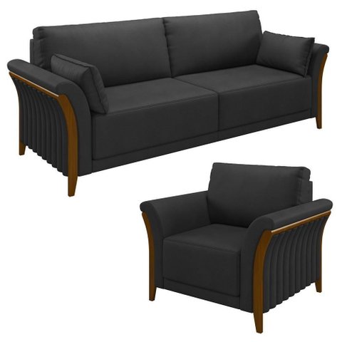 Kit Sofá Living 3 Lugares e Poltrona 102cm Pés Madeira Roya M22 Pu Preto - Mpozenato