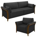 Ver imagem 1 de Kit Sofá Living 3 Lugares e Poltrona 102cm Pés Madeira Roya M22 Pu Preto - Mpozenato