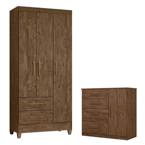 Guarda Roupa Solteiro Lima e Cômoda Vênus Castanho Wood Flex – Moval