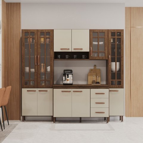 Cozinha Modulada Compacta Fidelitá Lisboa 4 Peças 225cm 11 Portas 3 Gavetas com Tampo