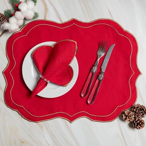 Kit 12 Jogos Americanos Guardanapos de Mesa Retangular Bordado Escócia - Vermelho