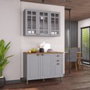 Ver imagem 1 de Cozinha Modulada 2 Peças Balcão com Tampo e Armário Aéreo com Vidro 100% MDF Bari Cinza/Titanio Fosco