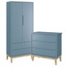 Jogo de Quarto Classic Guarda Roupa 2 Portas e Cômoda 3 Gavetas Azul Fosco com Pés Madeira Natural - - 1