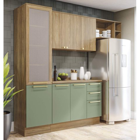 Armário de Cozinha Modulada Completa Reta 5 Peças 2,50m Botanic Kappesberg - Nogueira/Verde Oliva