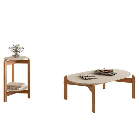Conjunto de Mesas Lizz Lateral Redonda e Oblonga Off White/cedro - Casa D