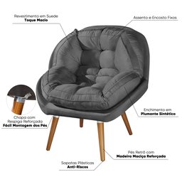 Poltrona Decorativa Sênior Suede Premium Pés de Madeira Cinza:grafite - 4