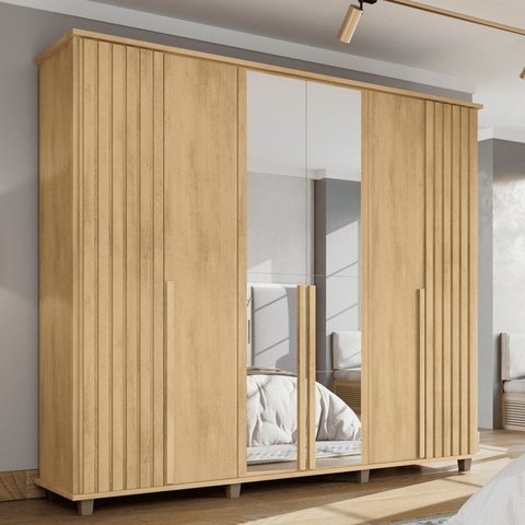 Guarda-Roupa Casal França 6 Portas com Espelho e Detalhe Ripado com 3 Gavetas Internas Marrom/Cinamomo