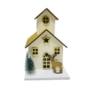 Enfeite de Natal Casinha Branca com Janelas e Telhado Dourados, Luz de Led e Rena Dourada | Natal En