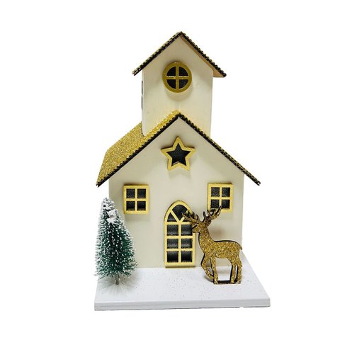 Enfeite de Natal Casinha Branca com Janelas e Telhado Dourados, Luz de Led e Rena Dourada | Natal En