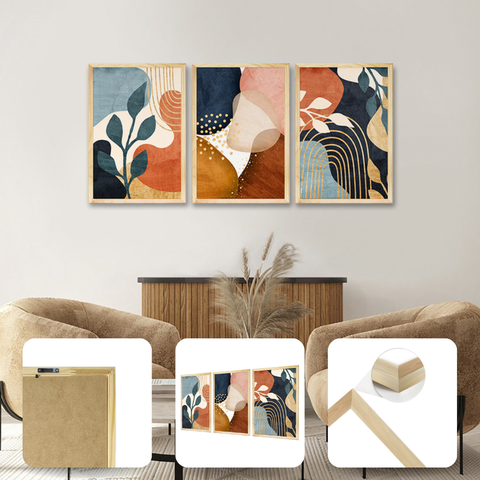 Kit 3 Quadros Decorativos 43x63 Plantas Colorido Folhagens com Moldura Pinus