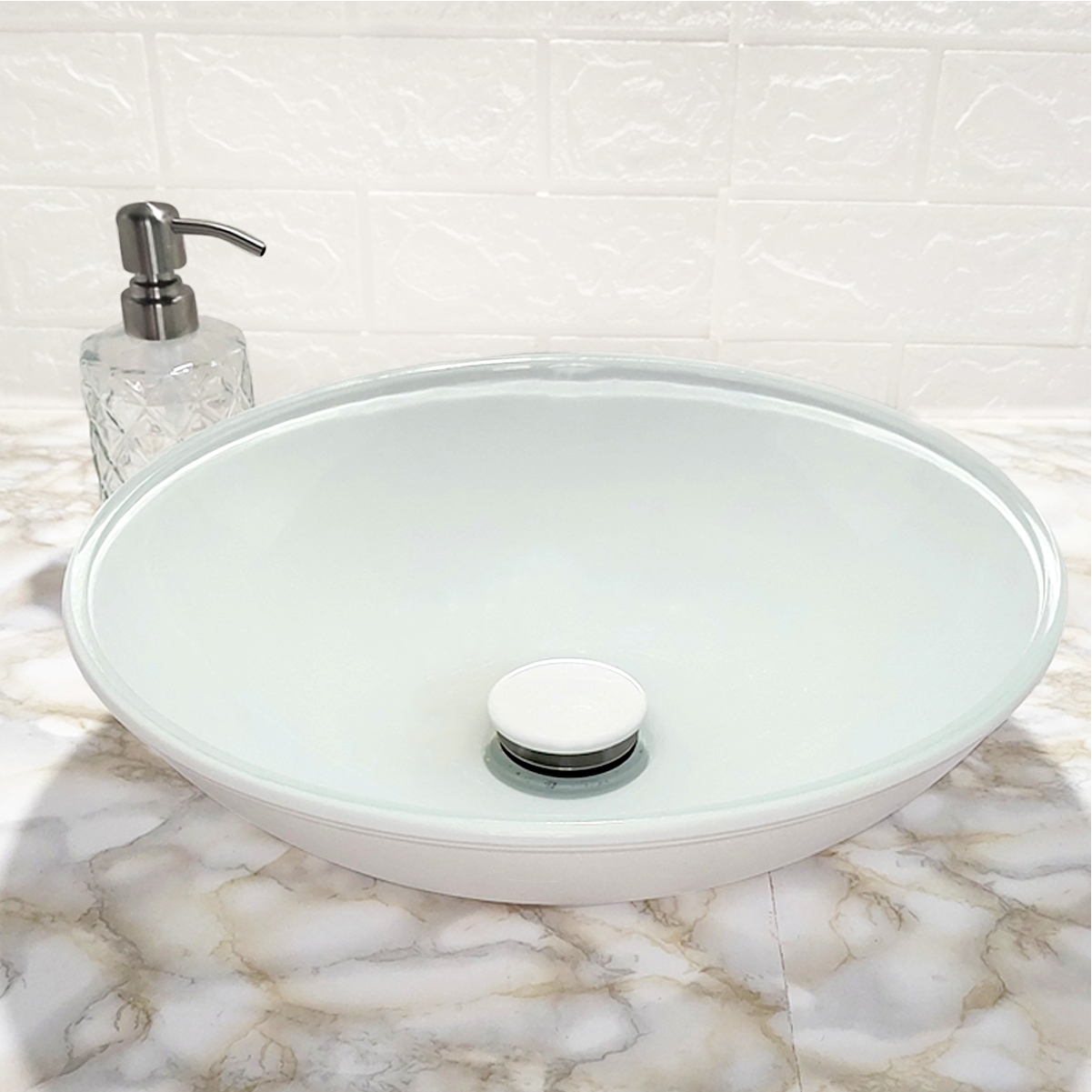 Cuba de Banheiro Pia Sobrepor Vidro Redonda Branca 35cm e Valvula Click Ceramica Inox para Pia lavab - 3