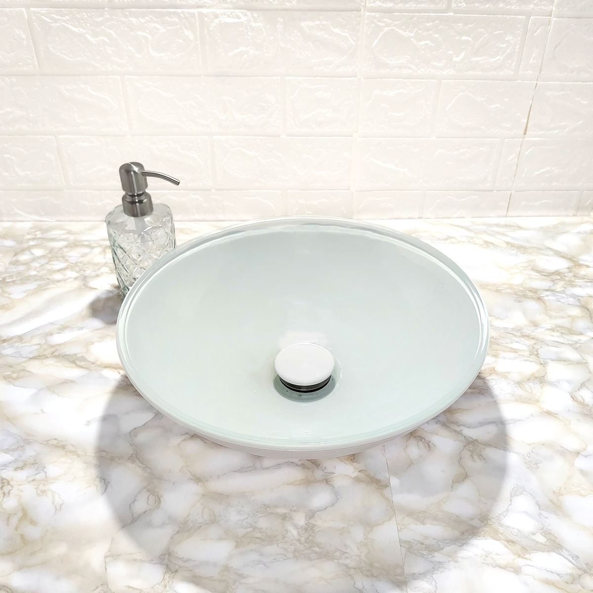 Cuba de Banheiro Pia Sobrepor Vidro Redonda Branca 35cm e Valvula Click Ceramica Inox para Pia lavab - 5