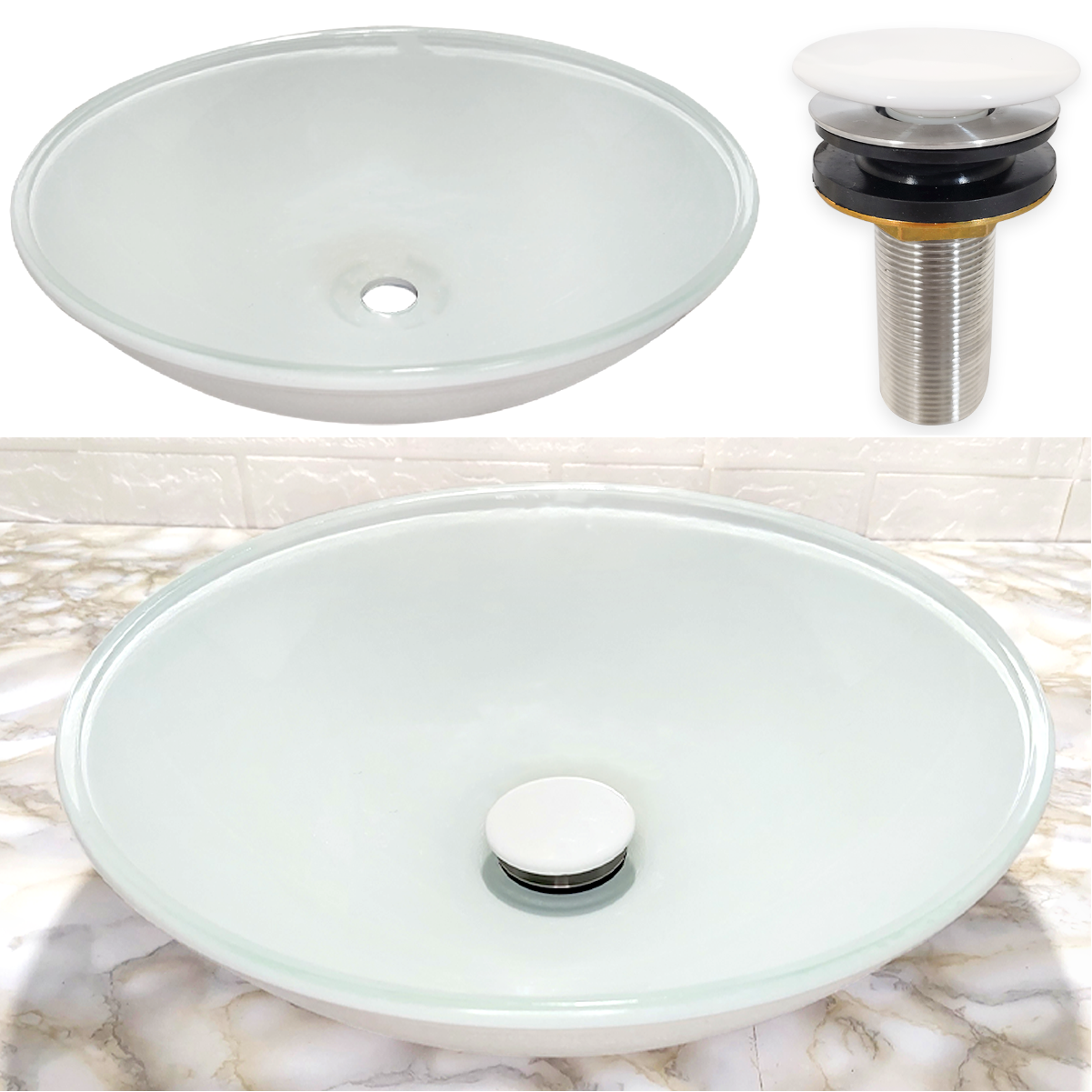 Cuba de Banheiro Pia Sobrepor Vidro Redonda Branca 35cm e Valvula Click Ceramica Inox para Pia lavab - 1