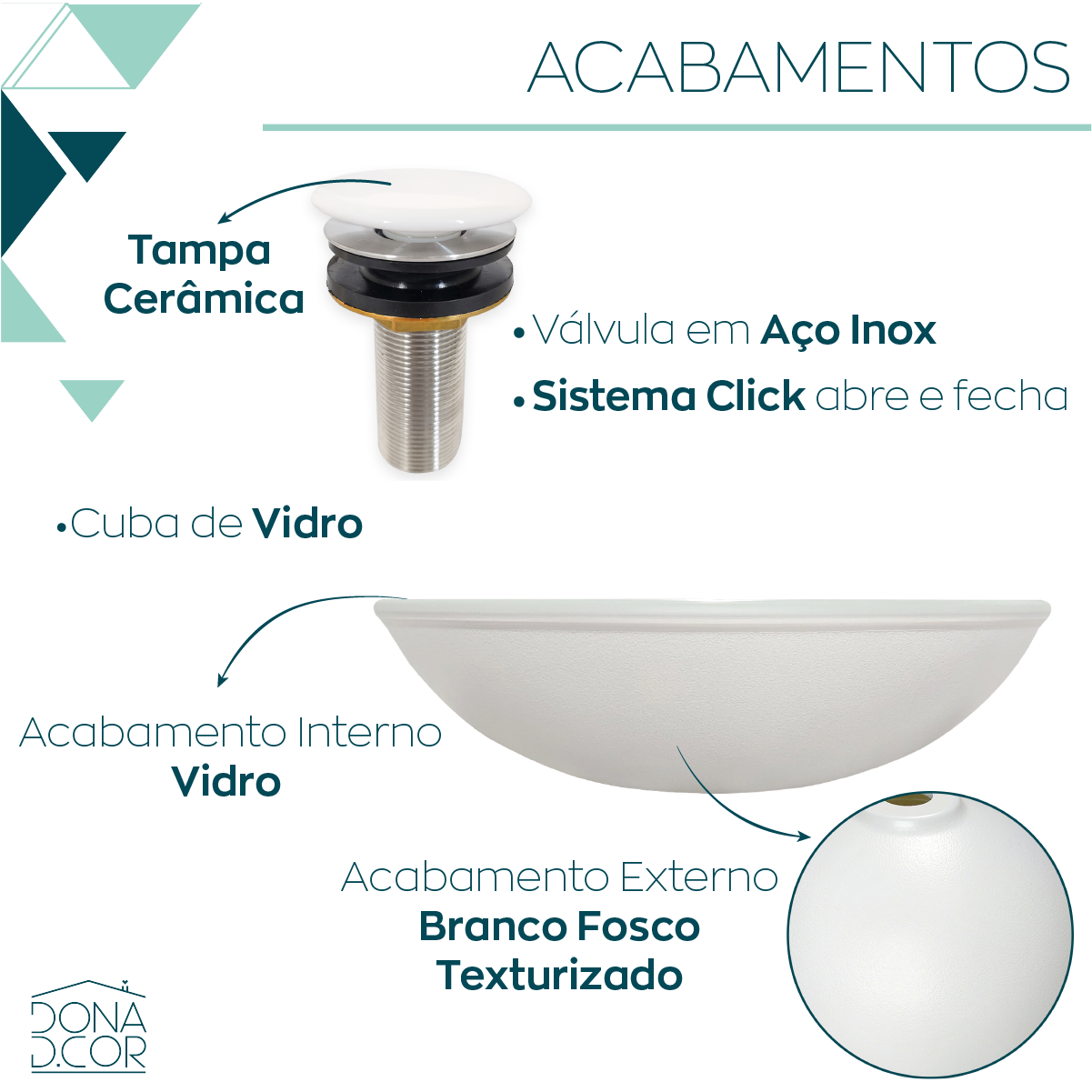 Cuba de Banheiro Pia Sobrepor Vidro Redonda Branca 35cm e Valvula Click Ceramica Inox para Pia lavab - 4