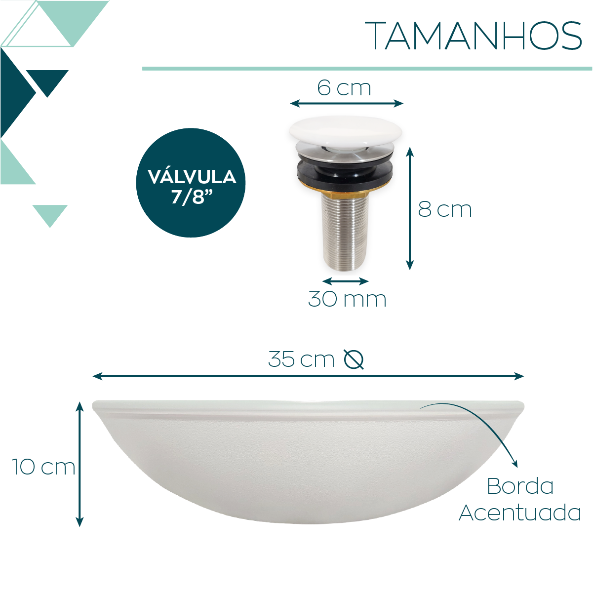 Cuba de Banheiro Pia Sobrepor Vidro Redonda Branca 35cm e Valvula Click Ceramica Inox para Pia lavab - 2