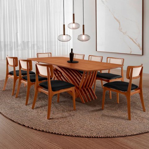 Conjunto Sala de Jantar Mesa Venus Tampo 220cm Laminado Barril e 8 Cadeiras Viena