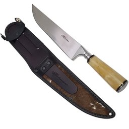 Faca Hickmann 8" Aço Inox Cabo de Osso Bainha Couro e Pelo - 1