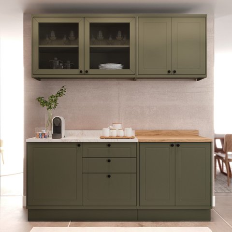 Cozinha Compacta Modulada 7 Portas 3 Gavetas 100% MDF 1 Tampo Sevilha Verde/Hill