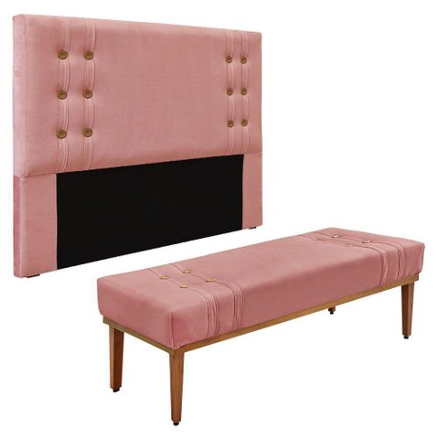 Kit Cabeceira e Calçadeira Recamier Casal 1,40m - Rosa