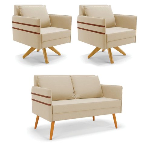 Kit 01 Namoradeira 02 Lugares e 02 Poltronas Mari Suede Base de Madeira Ma30 - D'Rossi Bege
