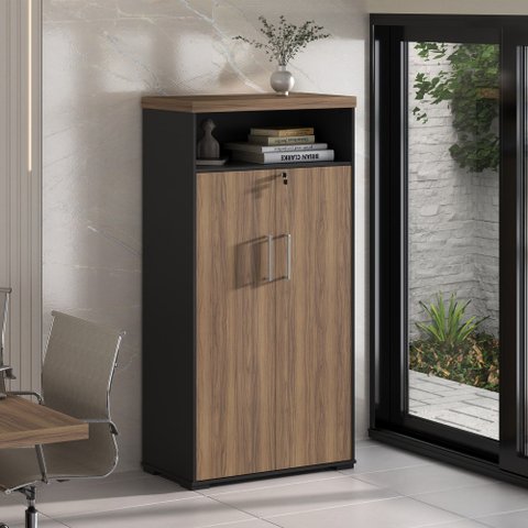 Armário Executivo Dubai Alto 2 Portas 1 Nicho Central Nogal Preto Escritório Diretoria Luxo