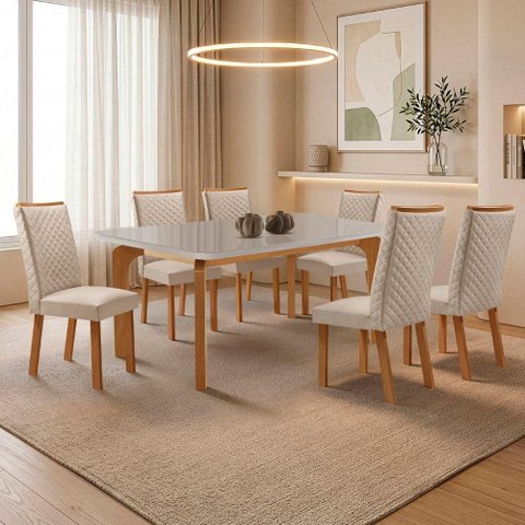Mesa de Jantar Liz com 6 Cadeiras Lira Tampo em MDF com Vidro Creme 180x90cm Moderna