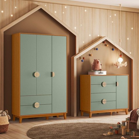 Conjunto Quarto Infantil Kid em MDF Mimo Marrom/Cinamomo/Sálvia