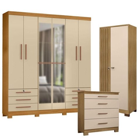 Guarda Roupa Casal Londres com Espelho com Cômoda 4 Gavetas New e Armário Multiuso Versatile