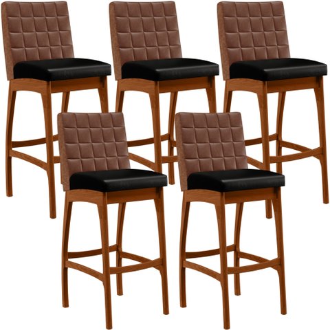 Kit 05 Banquetas Altas Cozinha Sala Jantar Fixa Mila B04 Couríssimo Marrom Corano Preto - Lyam