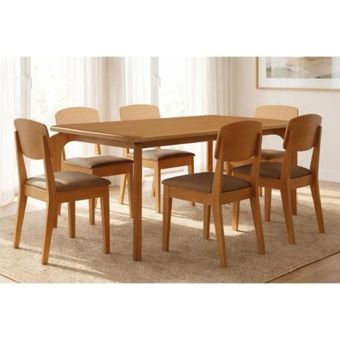 Conjunto: Mesa Sala Jantar Londrina Tampo Curvo 180cm+6 Cadeiras Havana Naturale - Corano Capuccino