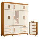 Ver imagem 1 de Guarda Roupa Casal Triton Plus 11 Portas de Bater com Espelho e Cômoda 4 Gavetas MDP Cinamomo Off