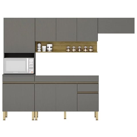 Armário de Cozinha 4 peças Balcão sem Tampo 150cm Lina14 K02 Gris/Freijó - Mpozenato