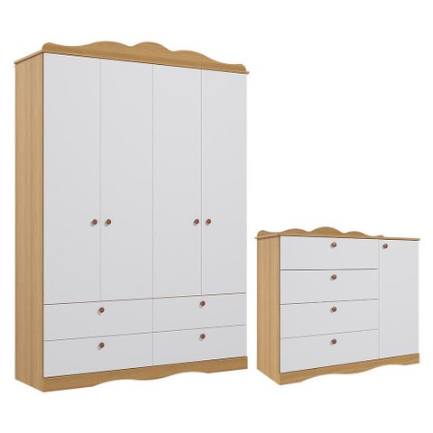 Jogo de Quarto Infantil Encanto Guarda Roupa e Cômoda Nature/branco - Permóbili Baby