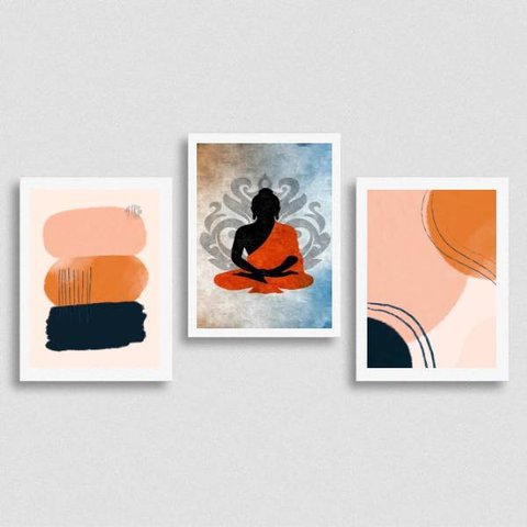 Kit 3 Quadros Meditação Abstrato 24x18cm:Madeira branca