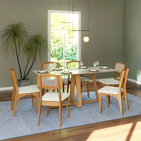 Conjunto Mesa Jantar 6 Lugares MDF Off White com Freijó 180cm Dalla Costa Móveis