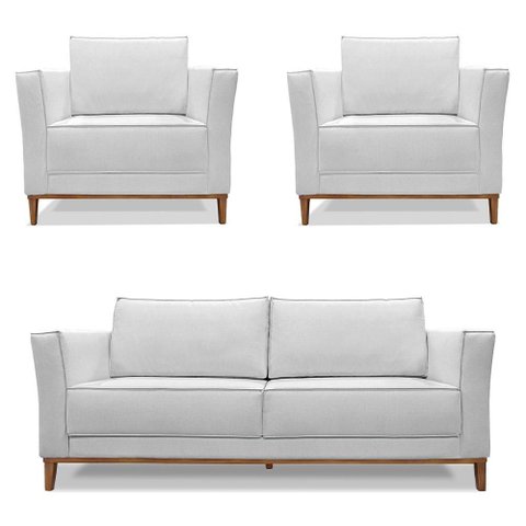 Kit 2 Poltronas e Sofá Living 2 Lugares 1,70m Vega Linho Pés Castanho - Pallazio Cor:Cinza