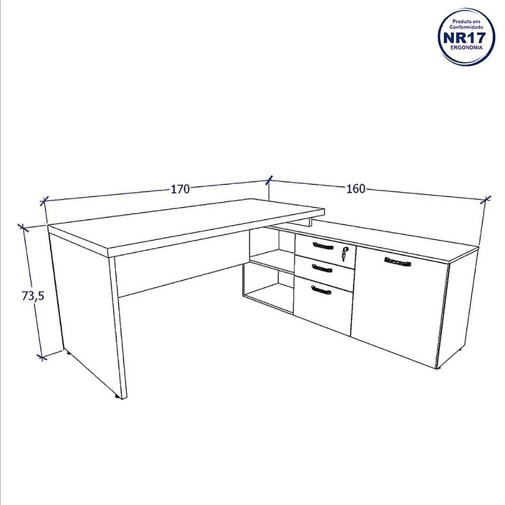 Mesa de Escritório em L 170cm com Balcão e 3 Gavetas Cor:macadâmia com Branco - 3