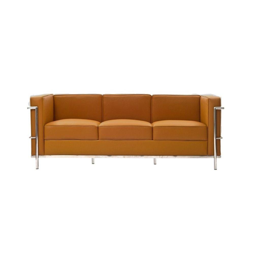 Sofa Le Corbusier 3 Lugares Inox em Couro Natural Caramelo Cor Amarelo