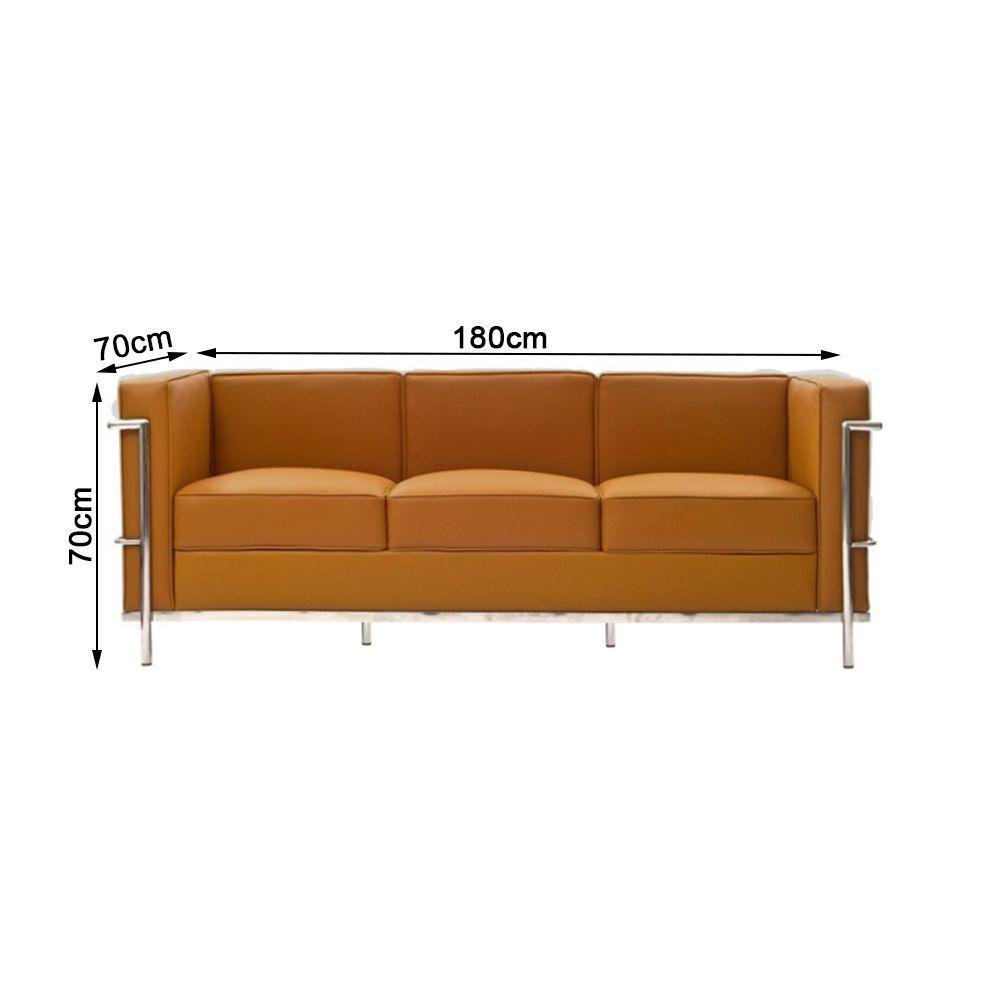 Sofa Le Corbusier 3 Lugares Inox em Couro Natural Caramelo Cor Amarelo - 2