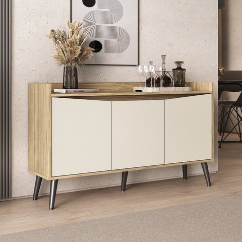 Buffet Aparador 3 Portas Retrô 130cm Marrom/Amendoa/Off White