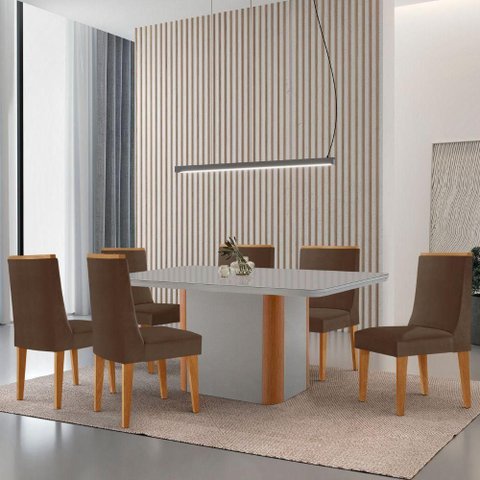 Mesa de Jantar Isadora 180cm Tampo MDF Vidro com 6 Cadeiras Veludo Marrom Naturale Serigrafia Off