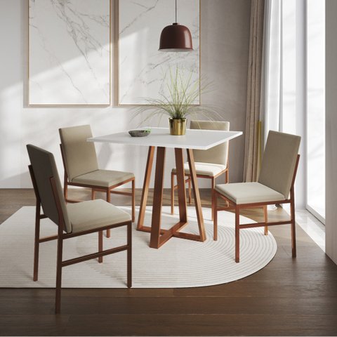 Conjunto de Jantar Mesa Mônaco 90cm Tampo Branco com 4 Cadeiras Bege Base Cobre