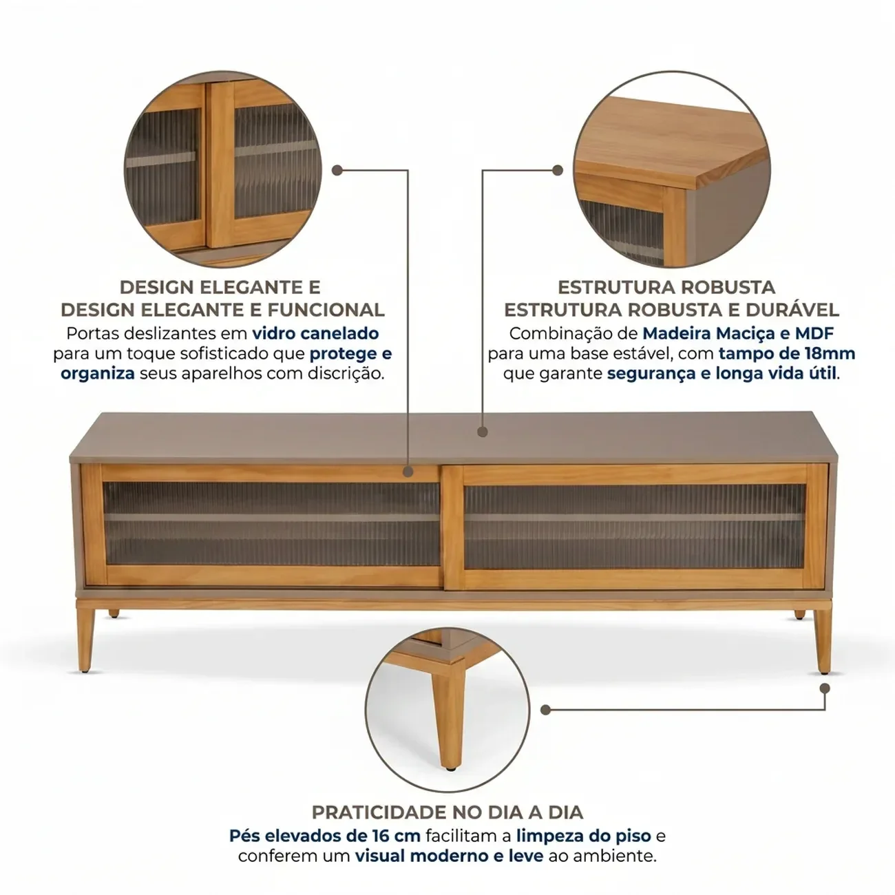 Ver imagem 5 de Rack para TV 65 Polegadas 182cm em Madeira Maciça/MDF e Vidro Canelado Mel/Fendi