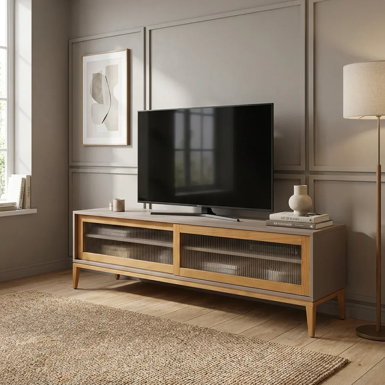 Rack para TV 65 Polegadas 182cm em Madeira Maciça/MDF e Vidro Canelado Mel/Fendi